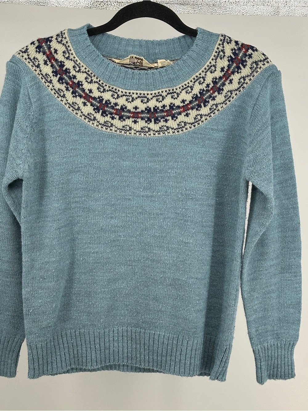 Vintage Large Light Blue Fair Isle Yoke Crewneck Sweater Nordic 80’s
